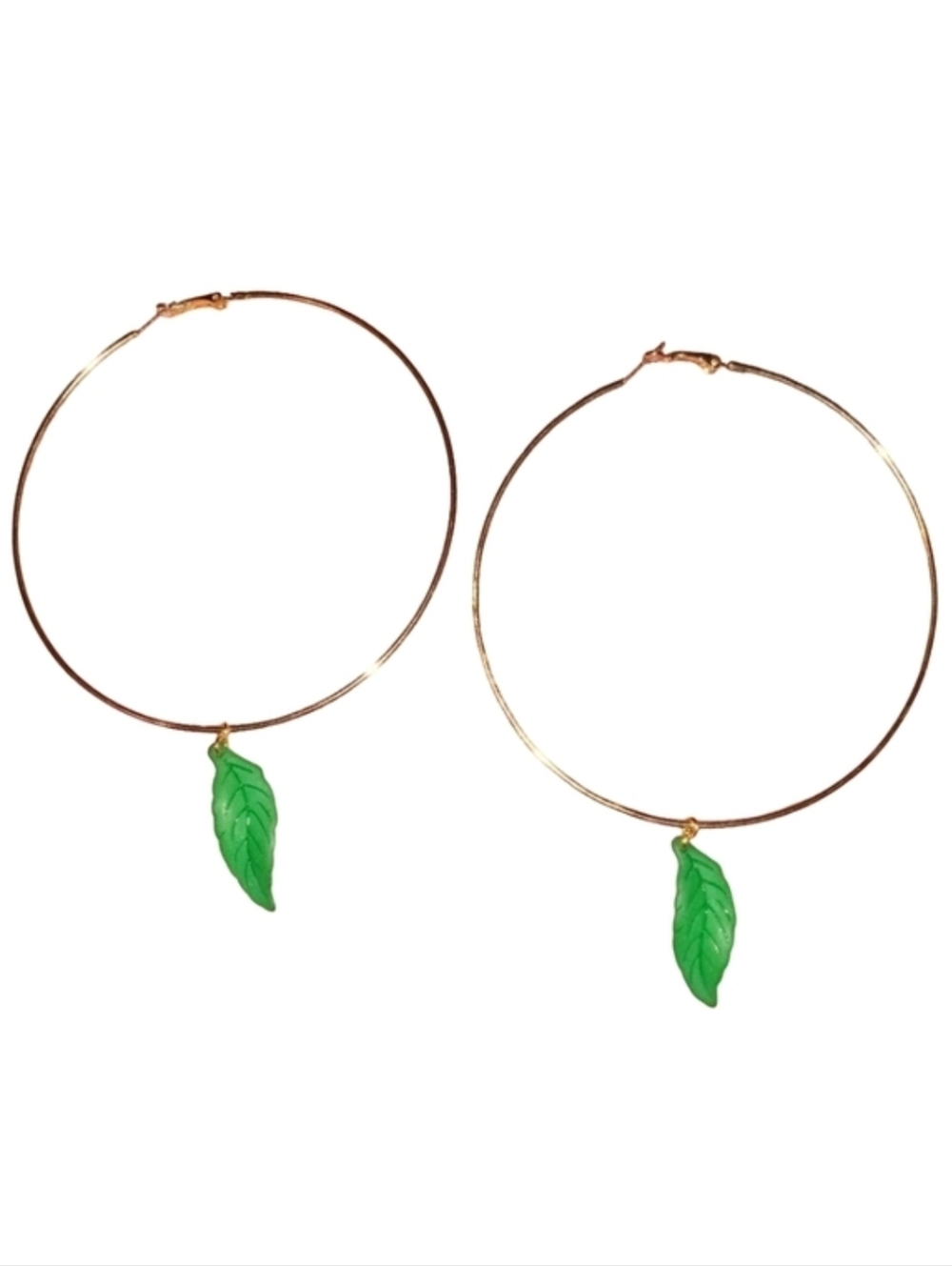 Oversized Green Leaf Charm Gold Hoops Huge 5 1/2 Inch Hoop Earrings Leaves KATTA